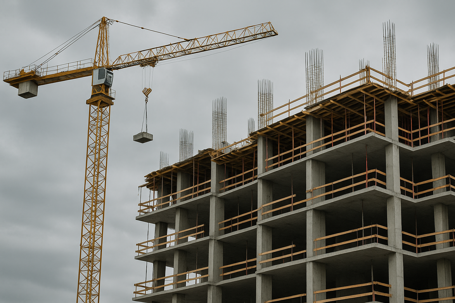 A construção em andamento e guindaste